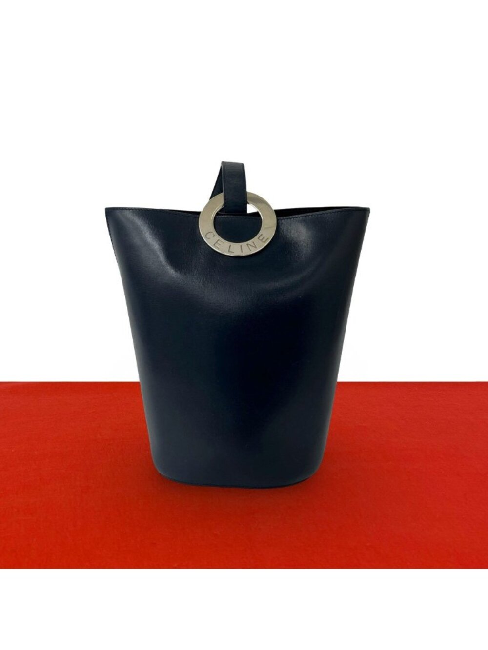 Celine Vintage Circle Logo Leather Shoulder Bag Tote Navy